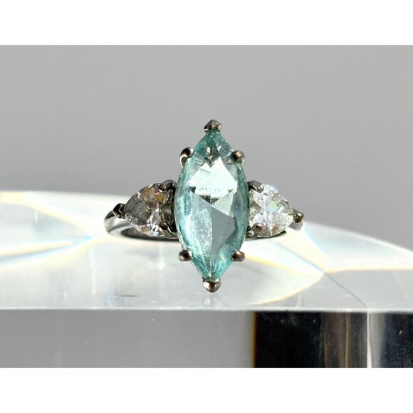 Aquamarine Marquise Cut Semi-Precious Sterling Silver 925 Vintage Ring - sz 6 - Picture 1 of 12